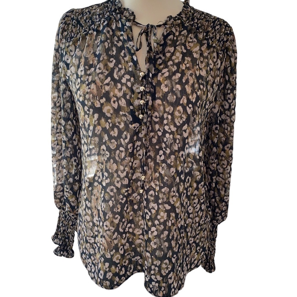 By The River blouse sheer leopard print long sleeve ruffled Size Small NWT
